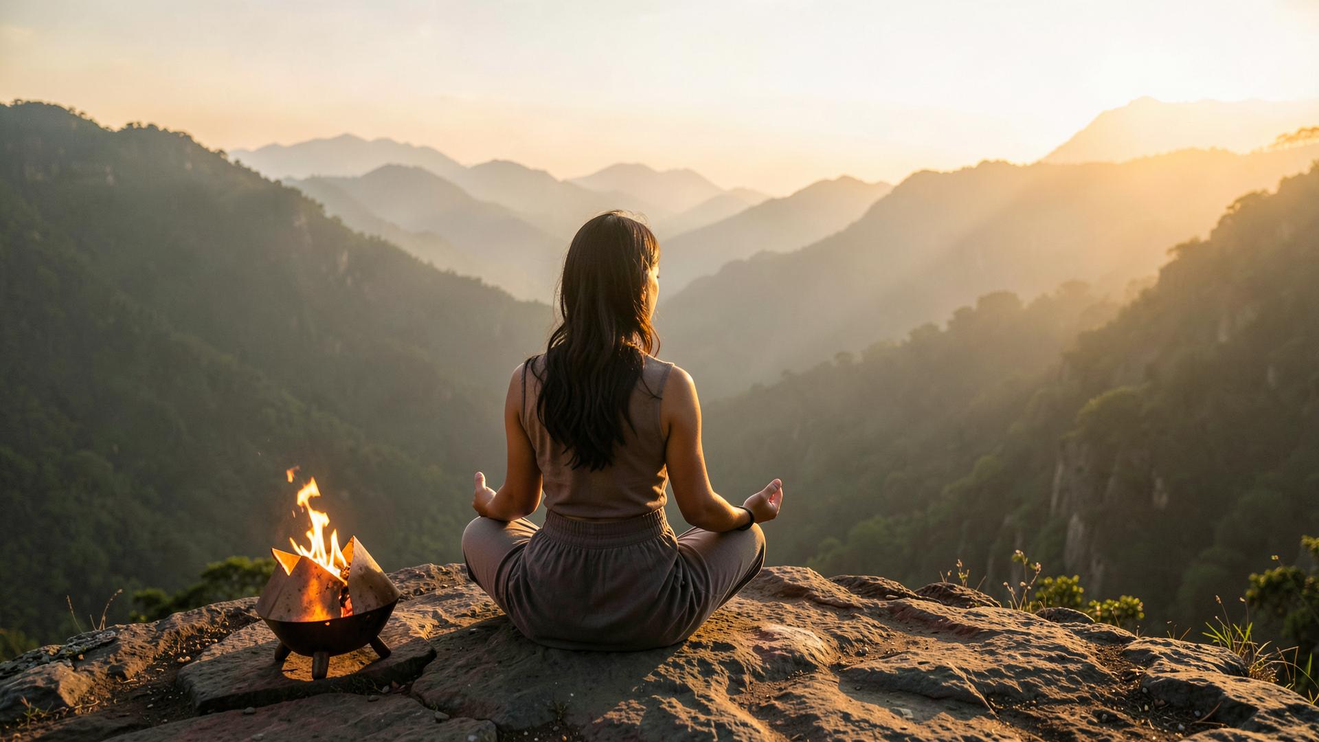 A woman meditating beside an Agnihotra fire at sunrise over misty mountains