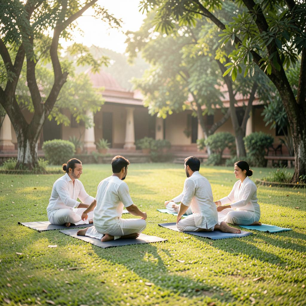 Guided yoga in the ashram garden